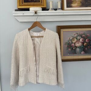 ALEXIS Cream Bouclé Fringe Open Blazer Medium | Textured Cotton Blend Tweed Chic